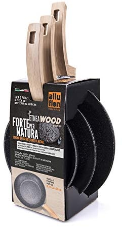 Alluflon Etnea Edición Madera Juego de 3 Sartenes con Revestimiento Hardoise Antiadherente y Antirayadura, Mango Efecto Madera, Apta para el Lavavajillas, Medidas: 20, 24, 28 cm