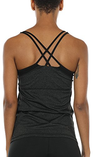 icyzone Damen 2 in 1 Sport Yoga Tops mit BH - Gym Shirts Fitness Trainings Tank Top (XL, Schwarz)