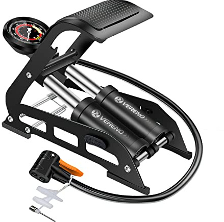 VERENO Double Barrel Bike Floor Foot Pump,Portable Air Pump Inflator Pump with 160PSI Precision Pressure Gauge Fits Presta Schrader and Deutschland Valve for Bicycle,Ball,Scooter,Car,Toys Inflatable