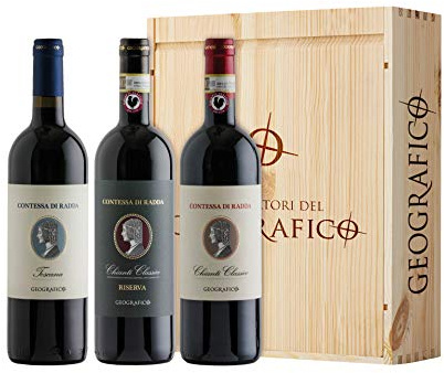 Cassetta da 3 bottiglie: Chianti Classico DOCG, Chianti Classico DOCG Riserva e Toscana IGT Contessa di Radda Geografico 3 bottiglie da 0,75 L, Cassetta di legno