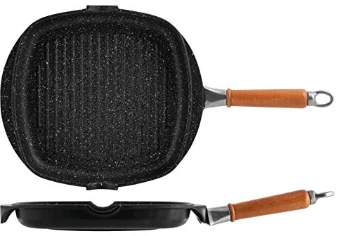 H&H Bistecchiera Pietra, Alluminio Pressofuso, Rivestimento Antiaderente 5 strati PFOA free con manico in legno estraibile cm 28