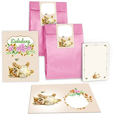 Junapack 12 Einladungskarten zum Kindergeburtstag Mädchen Katze incl. 12 Umschläge, 12 Tüten/rosa, 12 Aufkleber, 12 Blöcke
