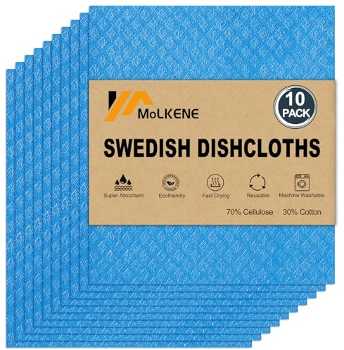 MoLKENE Swedish Dish Cloths - 10 Pack Reusable Kitchen Dishcloths - Ultra Absorbent Dish Towels for Washing Dishes - Cellulose Sponge Cloth Cleaning Cloths - Blue