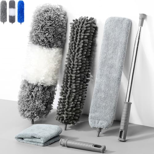 taubwedel Teleskop Waschbar,Staubwischer Teleskop Stange und Biegbar Eckbesen,Duster Mikrofaser Edelstahl(Grau + Weiß, 6)