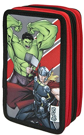 Scooli Marvel Avengers Tripledecker - gefülltes Federmäppchen mit Eberhard Faber Stiften - stylische Federmappe mit Motiv - Schlamperbox für Buntstifte und Bleistifte - ideal für den Schuleinsatz