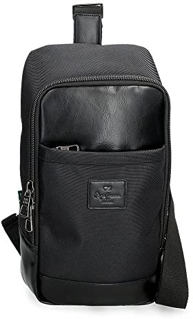 Pepe Jeans Sander Schwarze Umhängetasche 18x35x9 cm Polyester mit Details aus Kunstleder