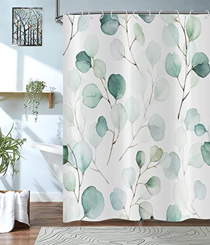 Hnmdmyi Tenda da doccia verde foglie 180x200, salvia verde foglie di eucalipto tende da doccia acquerello pianta botanica tenda da bagno impermeabile poliestere tessuto lavabile tenda da bagno