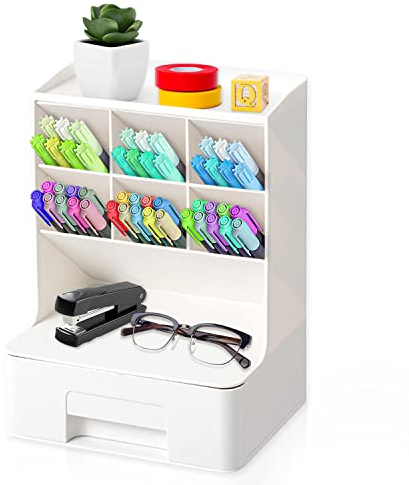 GMMG Stiftehalter Schreibtisch Schreibtisch Organizer mit Schubladen Büro Organizer Stiftebox Kunststoff Stifteköcher Stifthalter Aufbewahrungsbox Für Organizer Schreibwaren (Weiß)