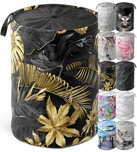 Sanilo Wäschekorb faltbar, stabiler runder Wäschesammler 60 Liter, Wäschesack mit Griffen und Abdeckung (Golden Leaves)