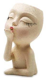 Vaso da fiori a forma di testa di ragazza, bacio, vaso da giardino, piccolo, in resina, per interni ed esterni, decorazione per piante grasse (beige)