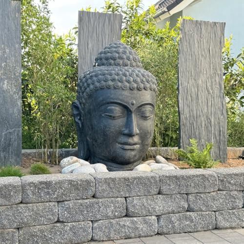 Oriental Galerie Buddha Kopf Figur Skulptur Stein Lavasand Bali Steinfigur Gartenfigur Buddhakopf Garten Deko Schwarz 120 cm