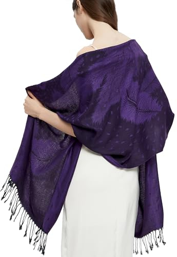 Gragengs Pashmina Schal Wrap mit ethnischen Paisley Two Tone Jacquard Schal für Damen,Feder-Lila