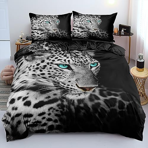 DXHOME 3D 200x220 Bettwäsche Leopardenmuster Schwarz Deckenbezug Atmungsaktiv Leicht Weiche Mikrofaser Jugendliche Teenager Mädchen Bettbezug mit Reißverschluss und 2 Kissenbezüge 80 x 80cm