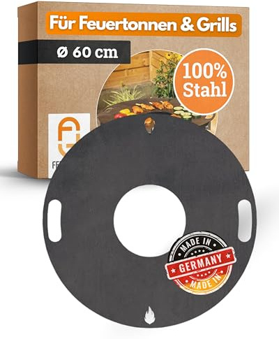 Feuerfest 123 Plaque de gril ronde I Ø 60 cm I Plaque de feu en acier à grain fin I Plaque de plancha massive de 4 mm d’épaisseur I Accessoire de gril pour brasero, tonne à feu, tonne de barbecue et