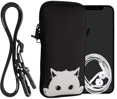 kwmobile Handytasche für Smartphones XL - 6,7/6,8 - Neopren Handy Hülle Schwarz Weiß - Handy Tasche mit Kette 17,2 x 8,4 cm Innenmaße - Neugierige Katze