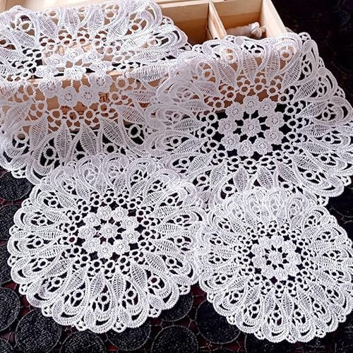 4er Set Platzsets Weiße Spitze Handarbeit Geklöppelt Spitzendeckchen Häkeldeckchen Tischdecke Tischsets mit Blumenmuster Runde Gestickte Untersetzer für Tassen,Getränke,Schalen,Töpfe,Teller,Vasen 30cm