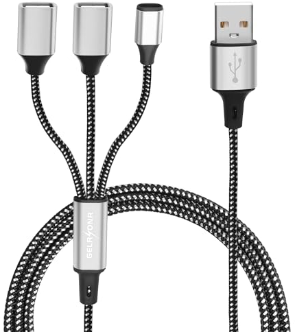 GELRHONR USB Splitter Cable, USB 2.0 1 Male to 3 Female Extension Cord with USB C Female Port, Support Charging Data Transfer, for Printer, USB Keyboard, Flash Drive-1M/3.2Ft (1 to 3)