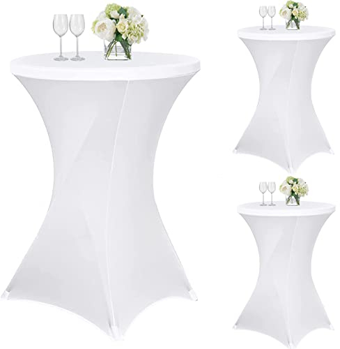 3 Stück Stehtisch Hussen, Stehtische Weiß, Stehtischhussen für Ø 70 cm, Stretch-Tischdecke mit Fußtaschen für Hochzeit, Geburtstagsfeier, Bankett