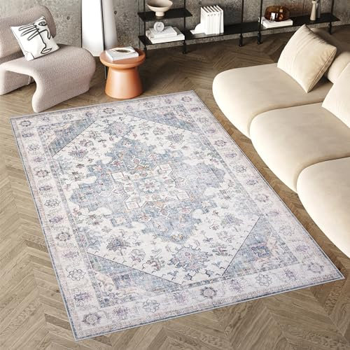 TAPISO Flannel Tapis Poils Ras Antidérapant Lavable Classique Crème Bleu Rose Beige Ornamental Rosace Bordure Tapis Salon Chambre Salle à Manger Oeko-TEX Résistant 80 x 150 cm