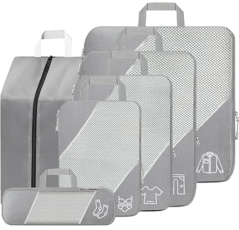 SINZUX 6 Teilige Kompression Koffer Organizer Set, Grau Compression Packing Cubes, Ultraleicht Erweiterbar Packwürfel Kofferorganizer Travel Organizer Reise Organizer Set für Koffer Rucksack Gepäck