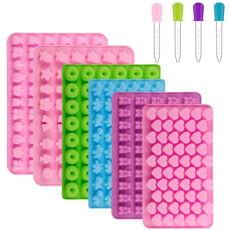 WATUNID 6 Pack Süßigkeiten Silikonformen Set, Mini Eiswürfelformen mit 4 Dropper, Antihaft-Frucht Form Schokolade Gelee Formen, Gummibärchen Formen für Kuchen Dekoration für Kinder Geburtstag Party