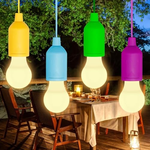 4 Pack Pull Cord Light Bulbs, Battery Operated LED Lights Bulbs, Portable Drawstring Lights for Weddings, Outdoor Events, Camping, Parties, Party Decorations (Warm White)