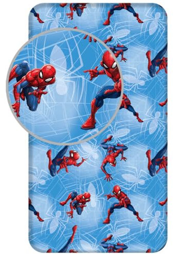 Spiderman Spider Web Kinder-Spannbettlaken für Einzelbett, 90 x 200 cm, 100 % Baumwolle, Blau