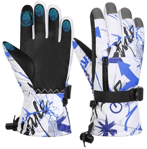 MoKo Guanti Invernali per Bambini, Guanti da Sci Impermeabili e Antivento con Polsini Regolabili e Tasca con Cerniera, Guanti Termici da Neve per Bambini 6-13 Anni, Snowboard, Ciclismo, Sci, Blu, S