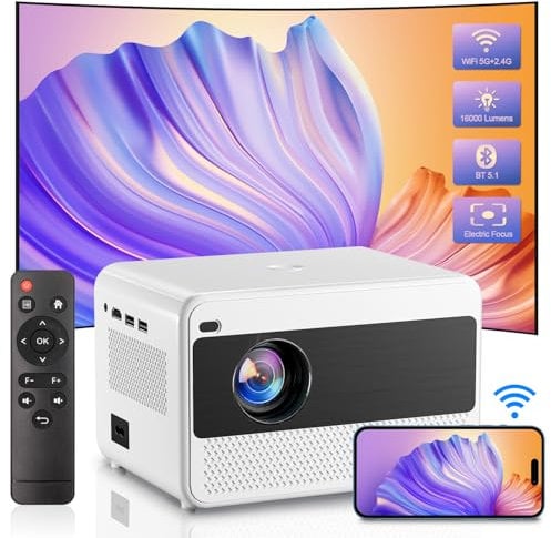 Videoprojecteur, Projecteur Video 1080P avec 16000 Lumen, Retroprojecteur Bluetooth 2.4G y 5G WiFi de Doble Banda, Projecteur avec Zoom électrique pour Téléphones Mobiles, Ordinateurs, USB et HDMI