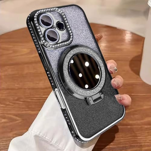 Altartar Glitzer Hülle für iPhone 16 6,1 Zoll Magnetisch Handyhülle mit Ständer,Spiegel Handyhülle iPhone 16 Glitter Transparent Case Schutzhülle Dünn Cover für Frauen Mädchen-Schwarz