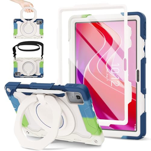 ROISKIN for Lenovo Tab M11 Case 11 inch 2024 with HD Screen Protector, 360°Rotating Stand, Shoulder Strap, Heavy Duty Shockproof Kids Cover with Pencil Holder for Lenovo M11 Tablet Case, White-Blue