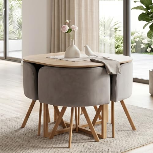 Wooden Dining Table and 4 Velvet Chairs Space Saving Kitchen Furniture Set | KOSY KOALA Wooden Dining Table & Chairs Set Space Saving Kitchen Table with 4 Light Brown Velvet Dining Chairs 100x100x76 cm