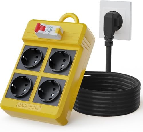 SAFEMORE Steckdosenleiste mit integriertem FI-Schutzschalter, 4-Fach RCD mit 16A/250V FI/LS-Schalter, FI-Steckdosenleiste 4000W mit 3m Verlängerungskabel und 30mA RCBO-Leistungsschalter (Gelb)