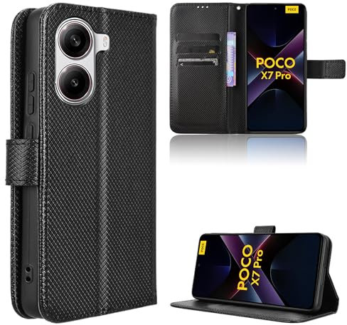 Rojeuinn Cover per Xiaomi Poco X7 Pro 5G custodie,Premium Portafoglio Magnetica Flip Case,Custodia con fibra di carbonio-Nero