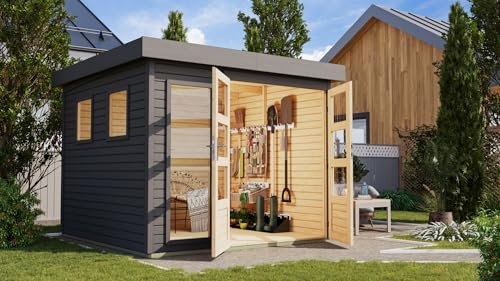 CHILLROI® Karibu Gartenhaus Pentus aus nordischer Fichte Verschiedene Größen optinal mit Anbaudach, lichtdurchflutetes Design mit Flachdach (terragrau, M)