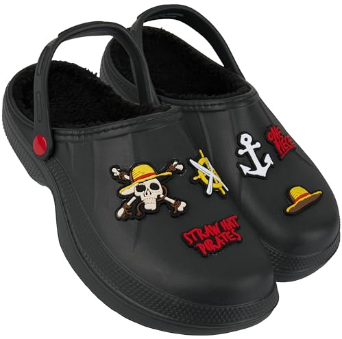One Piece Sabots Homme Doublés Polaire avec Détails Décoratifs, Chaussures Hommes Hiver Jardin, Anime Mules avec Bride (44 EU, Noir)