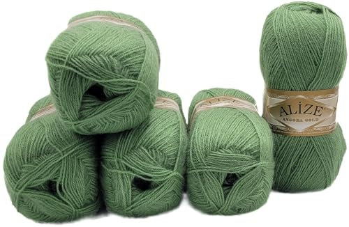 500 Gramm Ilkadim Export Strickwolle Angora gold mit 20% Wolle, 5 x 100 Gramm Strickgarn einfarbig (grün 852)