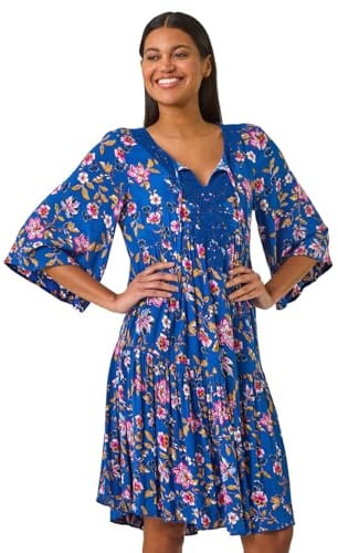 Roman Originals Smock Dress for Women UK Ladies Cotton Summer Embroidered Frilled Tiered Casual Beach Cruise Holiday Cocktail Party 3/4 Sleeve Pull On Gathered Skirt - Lace Blue - Size 20