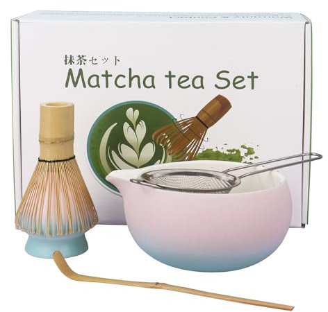 5Pcs Matcha Tea Set Matcha Whisk Ceramic Matcha Bowl Matcha Tea Set with Sifter(Pink and Blue)