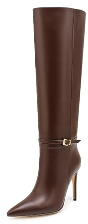 Marrone,40 EU,Stivali Alti Fino al Ginocchio da Donna, con Punta affilata, Tacco a Spillo, con Fibbia per Cintura, in Pelle PU, Stivali Lunghi, Comodi e alla Moda, con Polpaccio Largo.