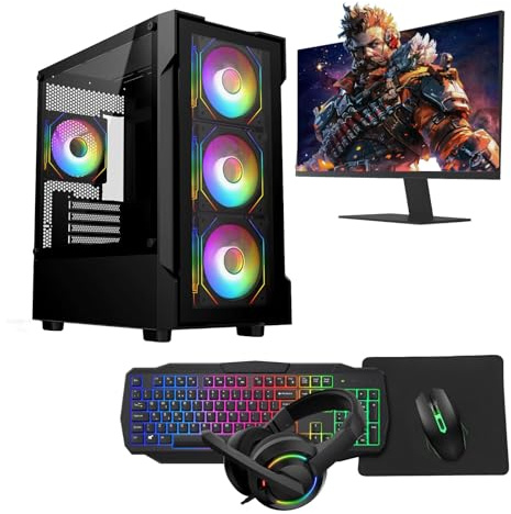 Neo Gaming PC Bundle – Intel Core i7, GT710 2GB Graphics, 16GB RAM, 1TB HDD + 128GB SSD, 22 Monitor, Keyboard, Mouse, Headset, Windows 11, WiFi – Gaming PC for Daily Use (Black)
