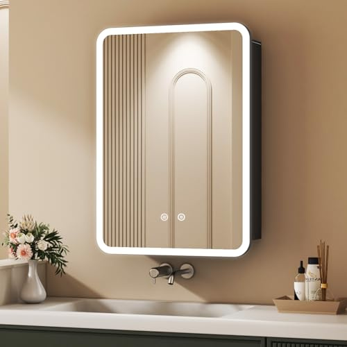 HY-RWML Spiegelschrank 40 x 60 x 13,5 cm Badezimmerschrank mit LED Beleuchtung Badezimmer Spiegelschrank mit Verstellbaren Ablagen und Touchschalter,Beschlagfrei,3 Farbtemperatur Dimmbare