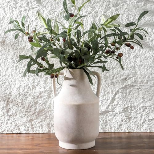 KRYSTHIA Keramik-Blumenvase mit Griffen, große dekorative weiße Vase, Bauernhaus-Terrakotta-Vasen für Heimdekoration, rustikale Vintage-Vasen für Wohnzimmer, Küche, Schlafzimmer, Büro, Couchtisch, 28