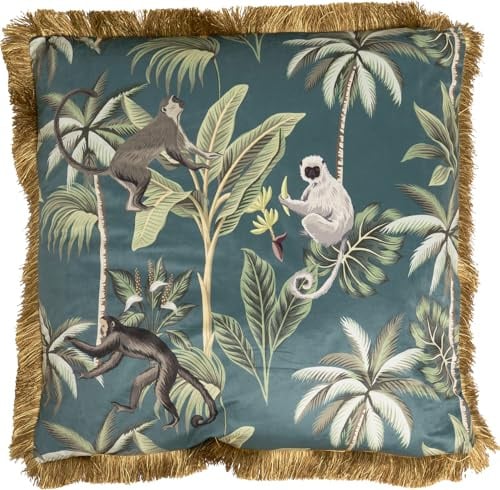 Kare Design Jungle Fever, Mehrfarbig, 55x55 cm, Abnehmbarer Bezug mit Reißverschluss, Motiv Dschungel, Mit Franksenkanten, Dekokissen inklusive Füllung, Zierkissen, Sofakissen