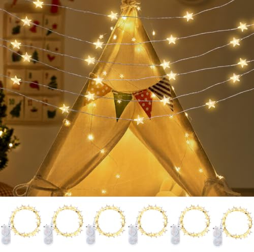 WEGRASY 6er-Set 2m 20 LEDs Sterne Lichterkette mit Batterie, Mini Lichterkette Wasserdicht für Flaschen Vasen, Warmweiß Deko für Geburtstag Hochzeit Weihnachten Party Schlafzimmer