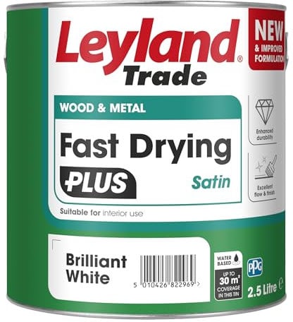 Leyland Trade – Wood & Metal - Fast Drying Plus - Satin - Brilliant White - Enhanced Durability – Excellent Flow & Professional Finish - 2.5L