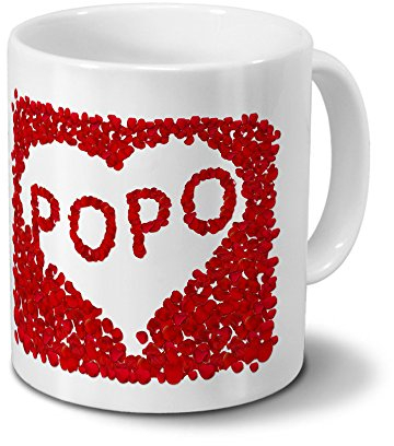 Tasse mit Namen Popo - Motiv Rosenherz - Namenstasse, Kaffeebecher, Mug, Becher, Kaffeetasse - Farbe Weiß