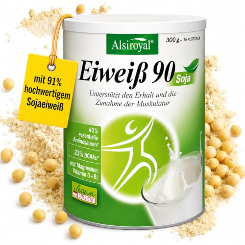 Alsiroyal Eiweiß 90 Soja · 40% EAA, 23% BCAA · 36 g Protein/Tag | veganes Eiweißpulver · hochdosiert · Magnesium, Vit D3 & B1 · frei von Konservierungsstoffen, Lactose, Fruktose, Zucker