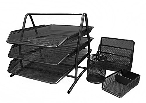 EasyPAG Office Desk Tidy 4 Piece Organiser Set - 3 Tier A4 Filing Tray,Pen Pot,Sticky Note Holder,Letter Sorter Rack,Black