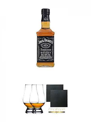 Jack Daniels Black Label No.7 0,35 Liter + The Glencairn Glass Whisky Glas Stölzle 2 Stück + Schiefer Glasuntersetzer eckig ca. 9,5 cm Ø 2 Stück